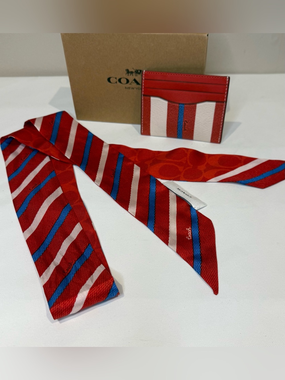 Coach Y2K Red, Blue & White Striped Silk Scarf with Matching Card Case EUC